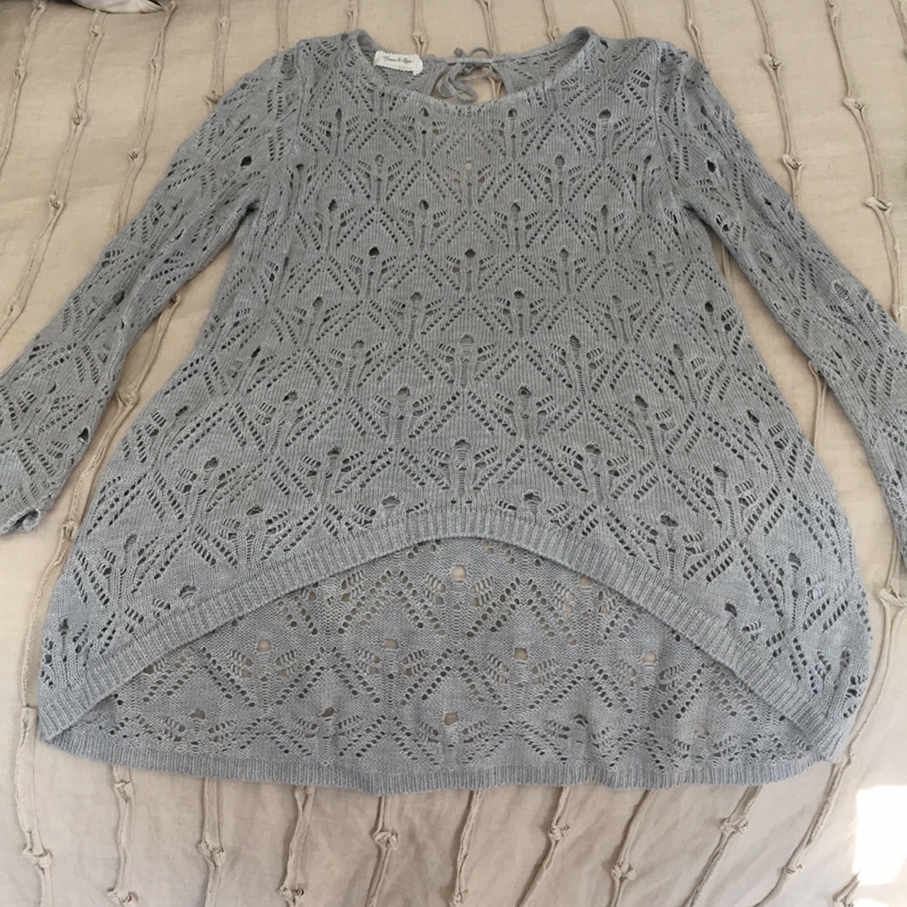 Grace and Lace open weave gray hi-low sweater